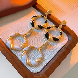 Enamel Hoop Earrings Alloy Twisted Geometric Round Vintage French Style Jewelry With Silver Earring Post For Women