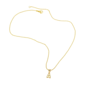 Gold balloon style initial A pendant necklace with bead chain on white background
