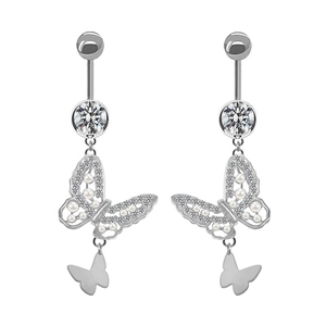 Detailed view of silver butterfly belly ring with artificial pearls and shiny rhinestones