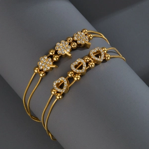 Vintage Gold Stainless Steel Double Layer Heart Four Leaf Clover Bracelet For Women Shiny Rhinestone Inlaid Adjustable Jewelry