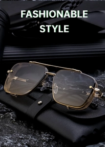 Steampunk men square sunglasses with gold metal frame and mesh detail on dark rock