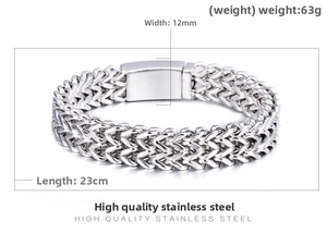 Detail showing 12mm width and 63g weight of the stainless steel dragon link chain bracelet