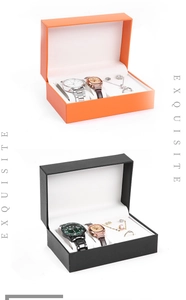 Exquisite flip-top leather jewelry gift box showcasing luxury watch and necklace set
