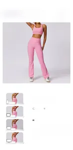 Detailed view of pink racerback sports bra and high-waisted flared yoga pants set
