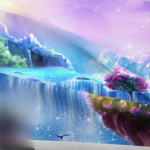 Close-up of woven fabric tapestry showing high-definition waterfall and cherry tree print