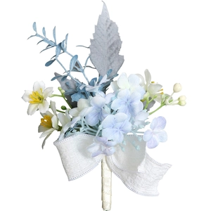 Handmade light blue and pink silk boutonniere with lace bow for wedding groom