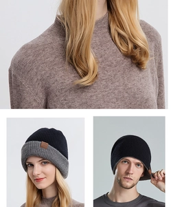 Detail of premium knitted beanie showing thick ribbed texture and leather logo patch