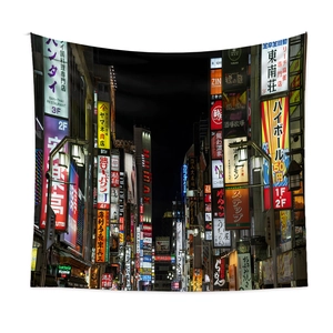 Japanese city night street scene tapestry with neon signs for bohemian wall decor