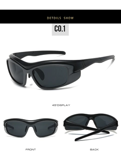 Three-angle view of matte black sports cycling sunglasses with side shield protection