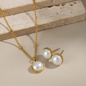 Elegant White Artificial Pearl Necklace And Stud Earrings Gold Plated Stainless Steel Waterproof Hypoallergenic For Women