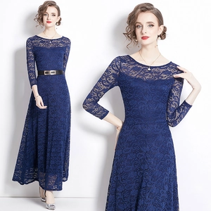Vestito Lungo Elegante In Pizzo Da Donna Maniche Lunghe Girocollo Blu Reale Linea A Sera Con Cintura