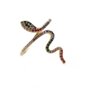 Adjustable gold snake ring featuring vibrant multi-color zircon stones on white background