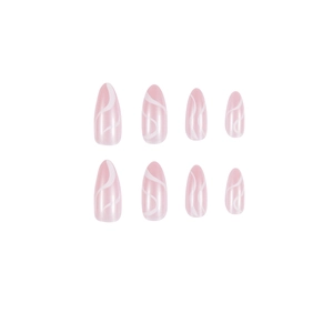 French minimalist almond press-on nails with light pink base and white wavy lines