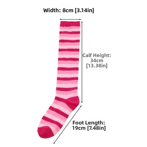 Size chart for pink striped calf socks showing width, tube height, and sole length