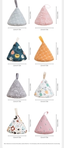 Size chart for triangular pot lid holders measuring 9x12cm in various fabric patterns