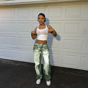 Women's streetwear green and white graphic print casual straight trousers for autumn style