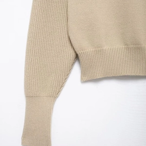Women's khaki knitted hoodie sweatshirt with ribbed cuffs and hem details