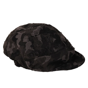 Distressed dark grey camo newsboy hat with fringed edges in retro street style