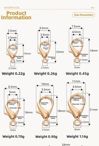 Size chart for alloy lobster claw clasps showing detailed height and width dimensions