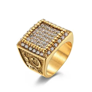 Anello Sigillo Hip Hop Uomo Acciaio Inossidabile Titanio Quadrato Micro Pave Strass Stella Luna Intaglio Stile Retro Punk