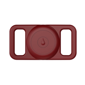 Detail view of burgundy waterproof silicone AirTag holder for pet collars and straps