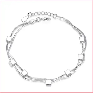 Double Layer Snake Bone Chain Bracelet Square Cube Star Pendants Silver Plated Copper Adjustable Jewelry For Women