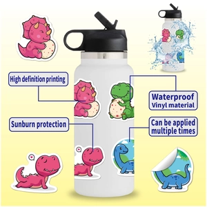 Waterproof vinyl dinosaur stickers shown on a white water bottle with clear feature callouts