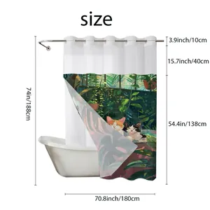 Detailed size guide for cat and tropical leaf pattern double layer shower curtain
