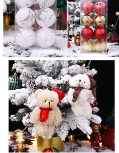 Detail of Christmas ornament set with glitter balls and plush teddy bear pendants