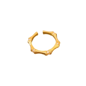 Bague ouverte style bambou plaquée or 24K avec cristaux blancs étincelants, vintage