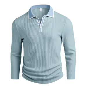 Close-up of sky blue long sleeve polo shirt with ribbed texture and three-button placket
