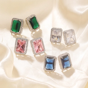 Elegant rectangle cubic zirconia stud earrings in green, white, pink, and blue gem colors