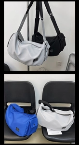 Waterproof nylon sports bags in silver, black, blue, and beige with adjustable straps