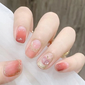 Sweet Peach Pink Gradient Press On Nails Gold Foil Decor Heart Accent Wearable Fake Nails For Women Daily Art