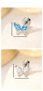 Macro view of crystal butterfly stud earrings with screw back design and 7.8mm width