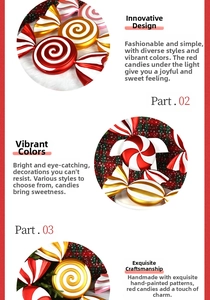Macro detail of hand-painted Christmas candy ornament with red and gold spiral patterns