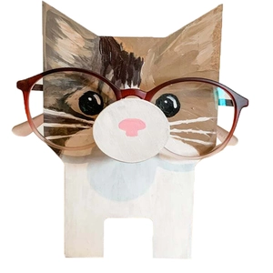 Handcrafted wooden cat eyeglass stand holder in brown and white finish for desk display