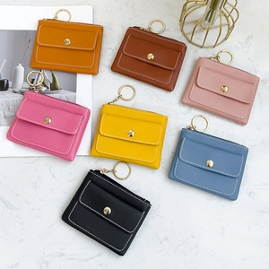 Mini PU Leather Coin Purse Key Wallet For Women With Zipper Snap Closure Contrast Stitching Gold Keychain Ring Solid Color