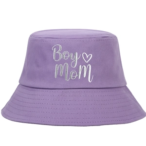 Lavender cotton bucket hat with silver Boy Mom embroidery and heart pattern detailing
