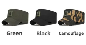 Detailed close-up of three military flat top caps in green, black, and camouflage patterns