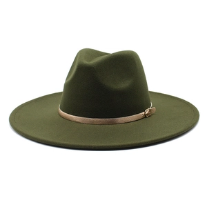 Detailed view of olive green wool fedora with gold metal buckle band on flat brim