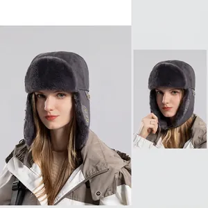 Winter-Uschanka für Damen und Herren in Dunkelgrau aus Wildleder mit warmem Kunstfell