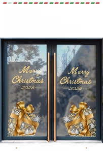 Detailed golden Merry Christmas 2026 window sticker with gift box and ribbon decals