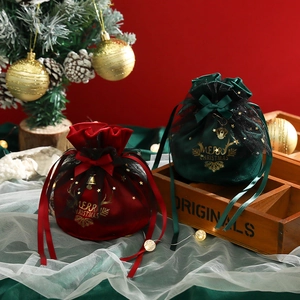 Christmas Gift Bags Velvet Drawstring Pouches With Mesh Ribbon Bell Reindeer Snowflake Gold Print Holiday Party Wrap