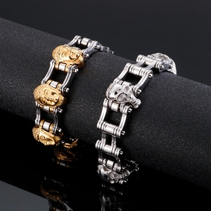 Men's punk stainless steel motorcycle chain bracelets with skull and buddha heads
