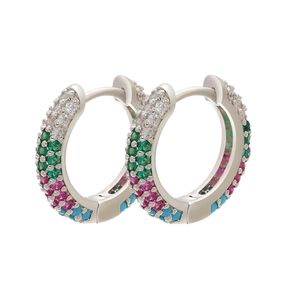Close-up of luxury hoop earrings with multi-colored pavé crystals and 925 silver finish