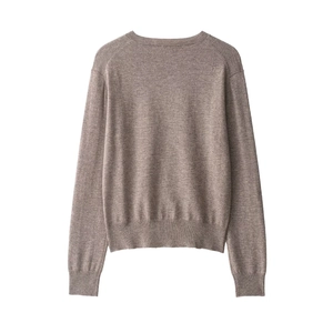 Brown wool blend diamond knit sweater with ribbed crew neck and long sleeves, back view