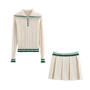 Preppy Style Cable Knit Sweater And Pleated Mini Skirt Long Sleeve Lapel Zip Up Women Casual Stripe Clothing