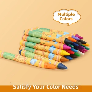 Detailed close-up of vibrant multi-color crayons featuring cheerful cartoon sun patterns