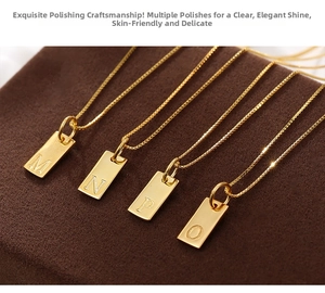 Detail showing polished gold rectangular letter pendants M N P O on velvet stand